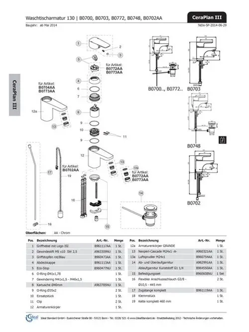 Ideal Standard Ceraplan III Zugstange in Chrom, Teil eines Wasserhahnsystems, dargestellt mit verschiedenen Komponenten und Zubehörteilen zur Montage und Installation.